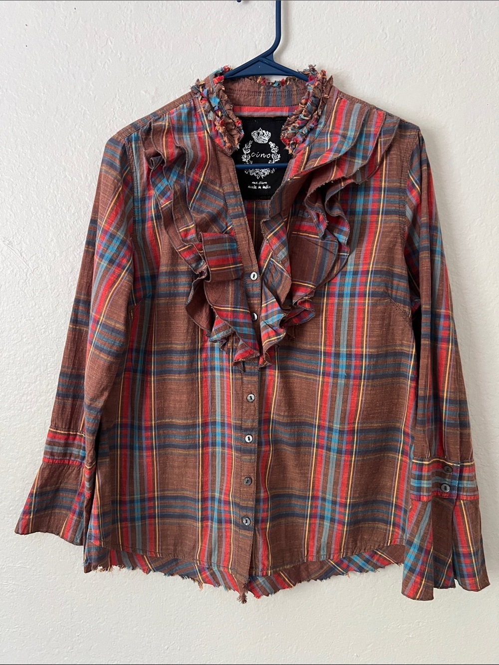 EUC CINO Ruffle Neck Bell Sleeve Cotton Button Down Shirt in Size M